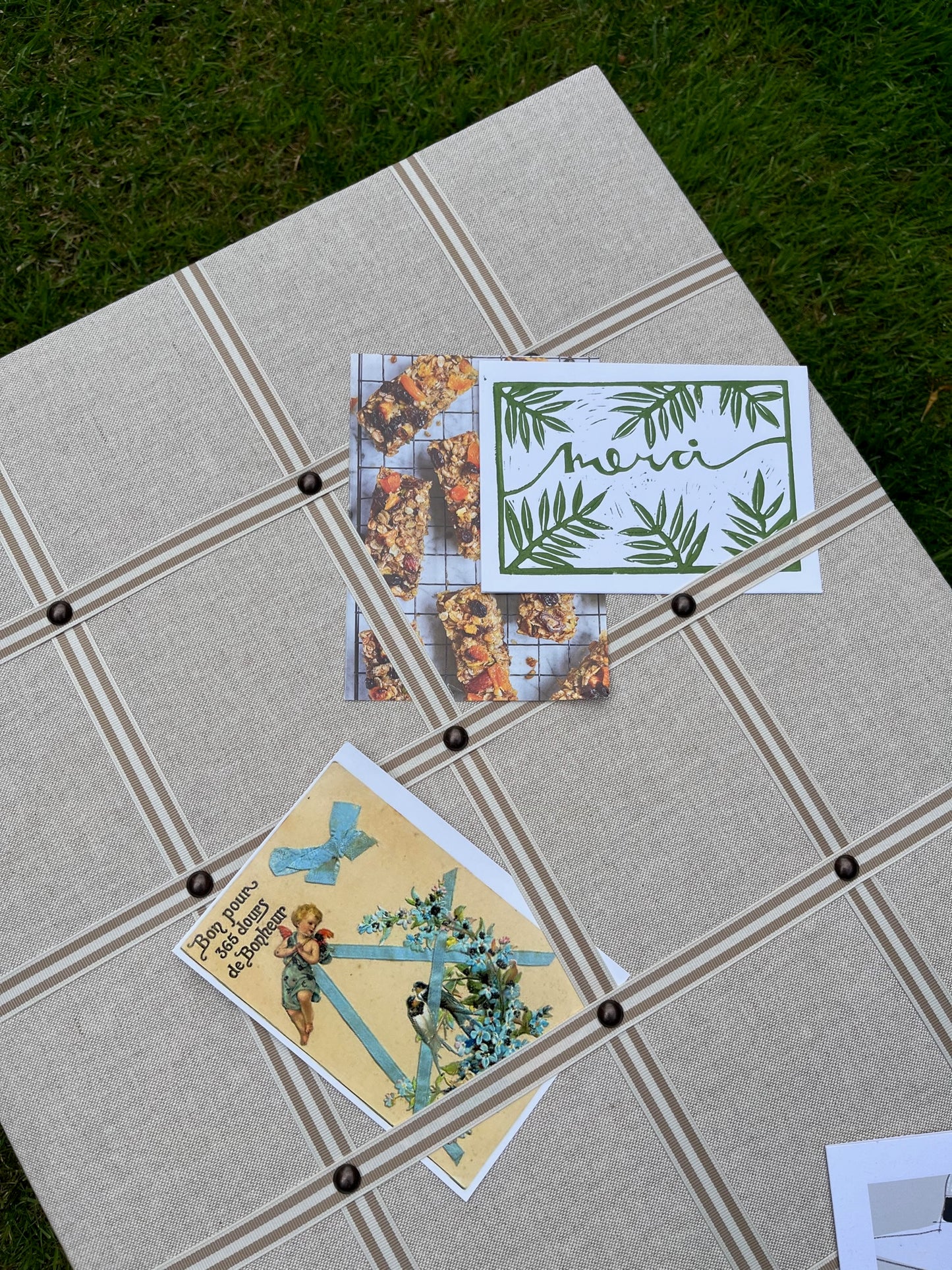 Noticeboardlinenbeigecreamcloseupwidestriperibbonhandcraftedbyharriet