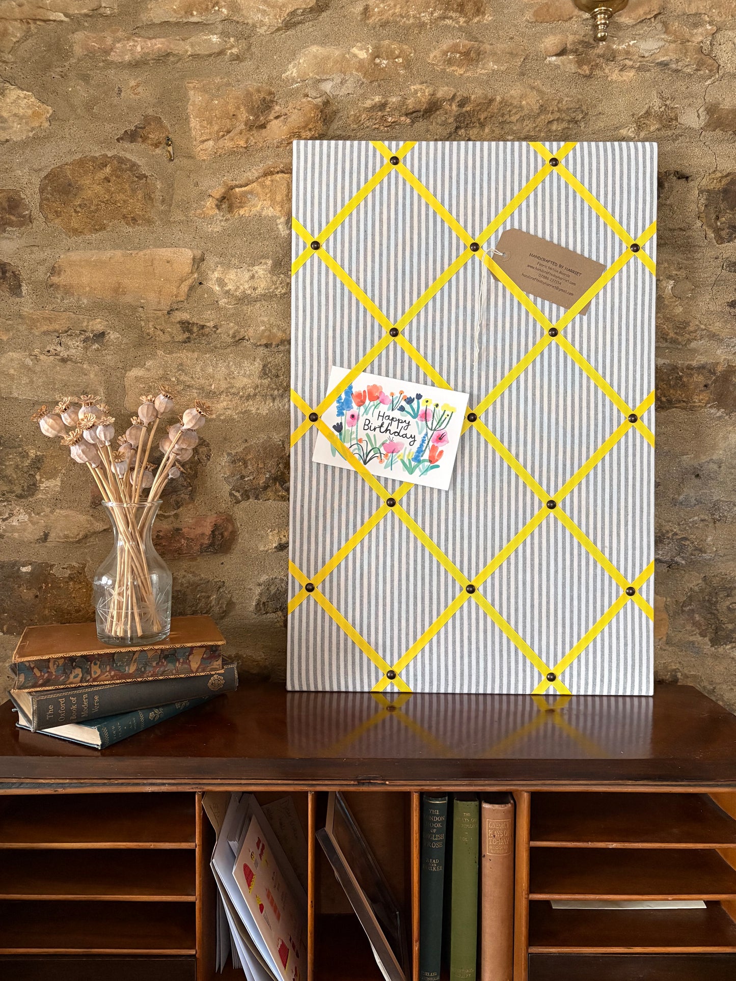 Grey Ticking Stripe Fabric Notice Board